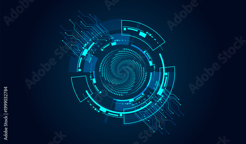 Abstract digital background with spiral data visualization and circuit lines. Technology and innovation concept.