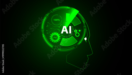 Artificial intelligence vector concept with robot head silhouette and gears. Green digital brain and machine learning.