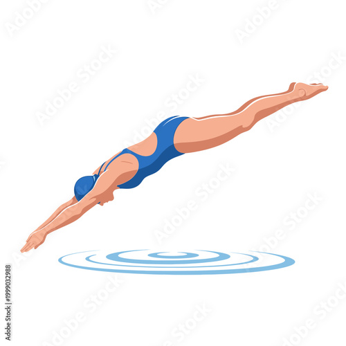 Female swimmer diving into water, athletic woman, synchronized swimming, competitive sport, healthy lifestyle, blue swimsuit