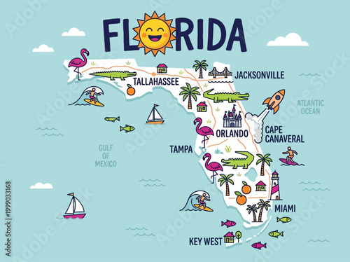 Colorful Cartoon Map of Florida Illustration with Landmarks, Cities, and Wildlife