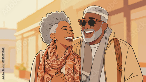 Happy senior black couple laughing together outdoors