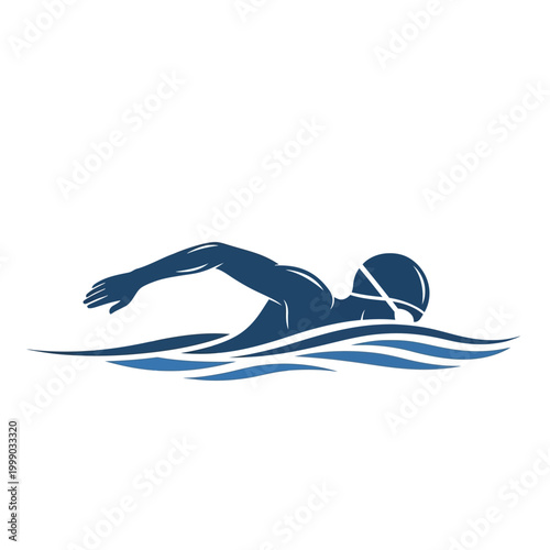 Silhouette swimmer performing freestyle stroke in blue water waves, sports icon