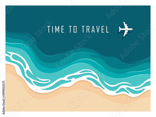 Time to Travel Vector Illustration of an Airplane Flying Over Tropical Beach and Turquoise Ocean Waves