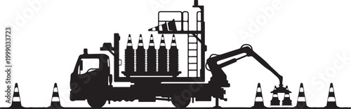 Construction truck, roadwork vehicle, traffic cones, black silhouette, industrial equipment
