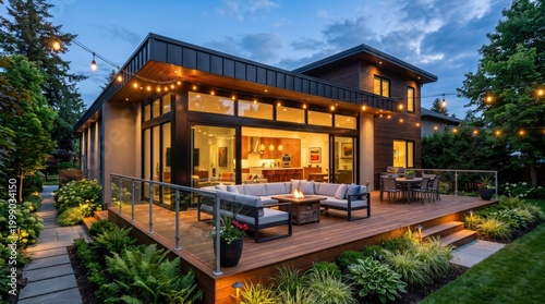 Modern house with large deck and outdoor seating area, backyard patio, evening exterior