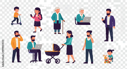 Diverse people character set, flat vector illustrations of multi-generational family members, men and women using technology and gadgets
