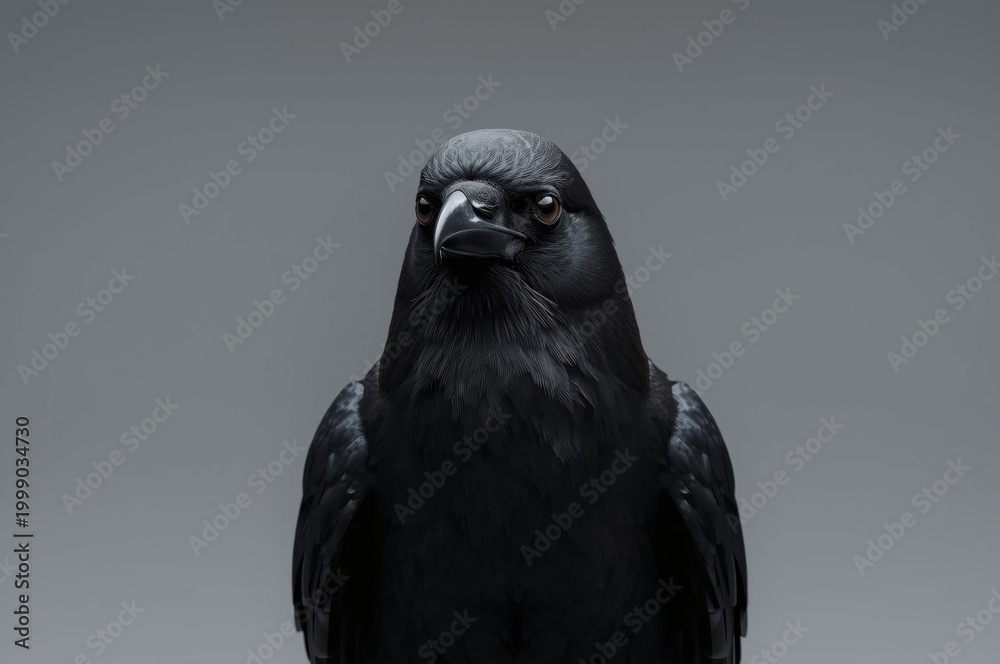 Fototapeta premium Black crow looking directly at camera against gray background