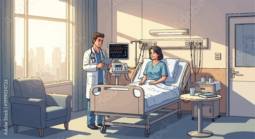 Doctor and patient in a hospital room with medical equipment and city view