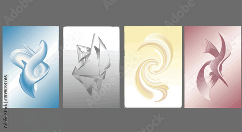 Abstract geometric vector background set, modern 3D fluid shapes and sharp crystalline forms, elegant pastel gradient poster collection