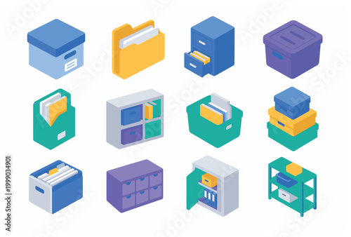 Colorful isometric storage container icons set.