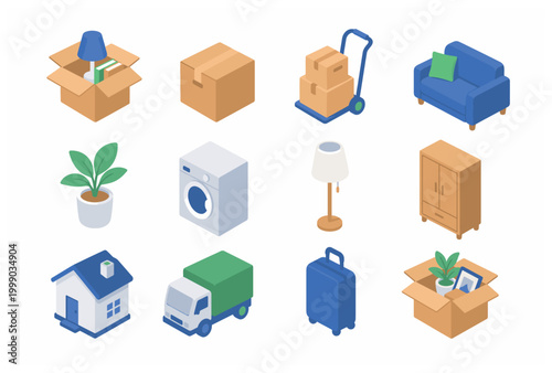 Isometric moving icons set, relocation and delivery service concept.