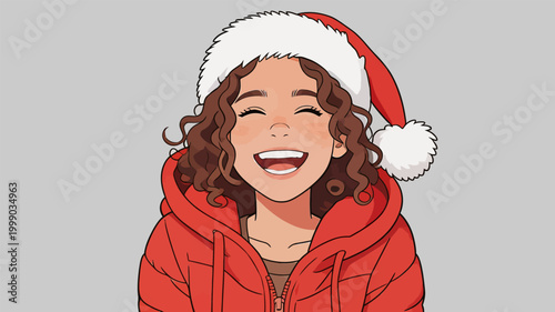 Cheerful curly haired girl wearing Christmas santa hat and red coat