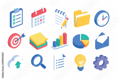 Isometric office and business icons for planning and organization.