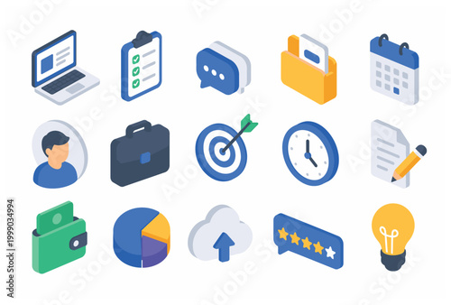 Isometric vector icons set for business and finance, including laptop, clipboard, target, clock, wallet, chart, cloud, and lightbulb.
