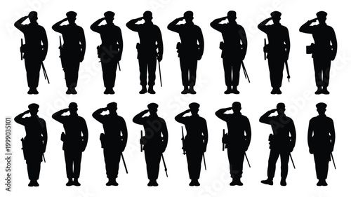 Collection of diverse soldier silhouettes in uniform standing at attention and saluting with crisp precision showcasing military discipline and patriotic honor against a clean