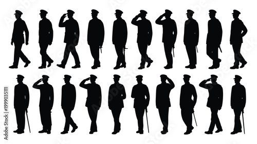 Collection of black silhouettes of army officers in uniform performing various salutes and standing at attention isolated on a white background representing military discipline