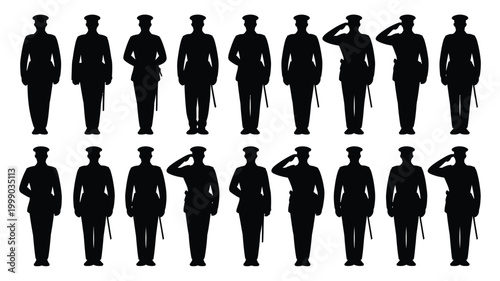 Collection of diverse military officer silhouettes in uniform standing at attention and saluting symbolizing authority discipline and national pride against a clean white