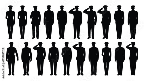 Diverse group of military officer silhouettes in uniform standing at attention and saluting against a clean white background representing authority discipline and service symbols