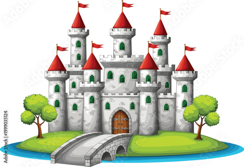 Fairytale fantasy castle with towers and bridge cartoon vector illustration magical kingdom palace architecture for storybook and game design
