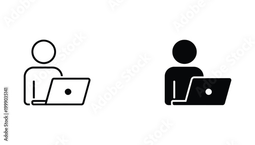 Person working on laptop computer icon set with outline and solid black filled versions for remote work and tech industry