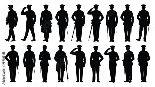 Collection of diverse black silhouette figures of army officers in uniform standing and saluting with swords against a clean white background symbolizing military service