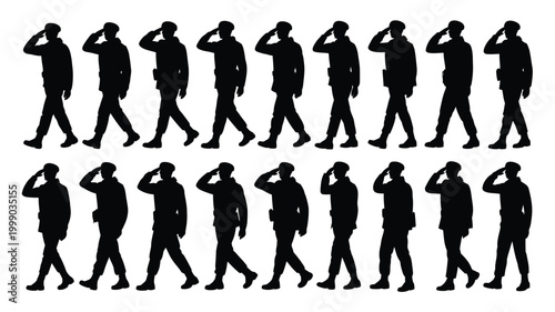 Diverse group of military soldier silhouettes in uniform saluting with clear crisp outlines against a clean white background representing unity discipline and national pride
