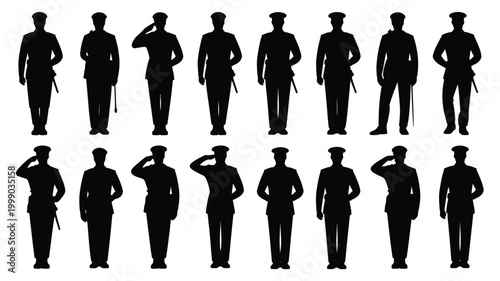 Collection of diverse silhouette figures of military officers in uniform standing at attention and saluting representing authority discipline and service in a clean isolated