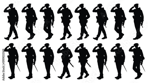Collection of military soldier silhouettes in uniform performing salutes and marching with batons and holstered weapons against a clean white background representing authority