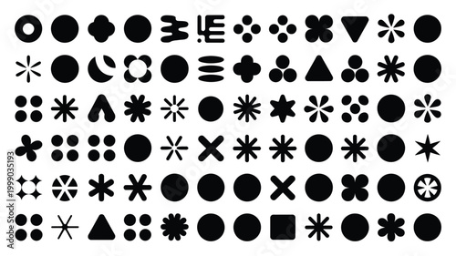Collection of diverse minimalist black geometric shapes and abstract symbols arranged in a grid perfect for web design ui elements and graphic design projects