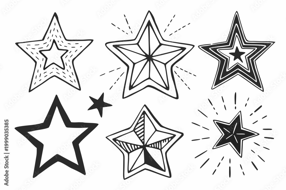 Obraz premium Star icons, black and white starburst graphics, vector star shapes, illustration set