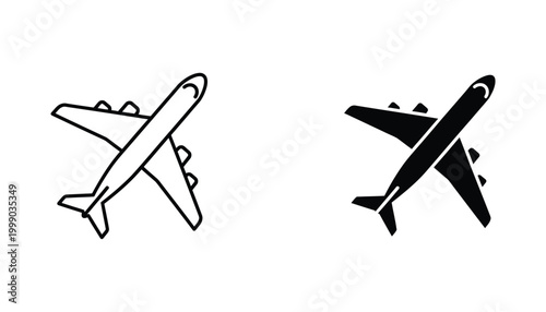 Professional airplane silhouette icons in outline and solid styles for travel and aviation industry branding or flight status user interface applications