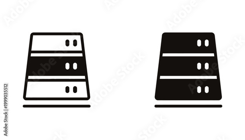 Data server storage rack icon set in outline and solid black styles for network infrastructure and cloud computing concepts isolated on a flat white background for professional tech design