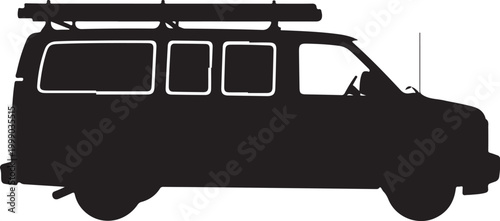 Van silhouette, vehicle icon, black van, roof rack, transportation symbol