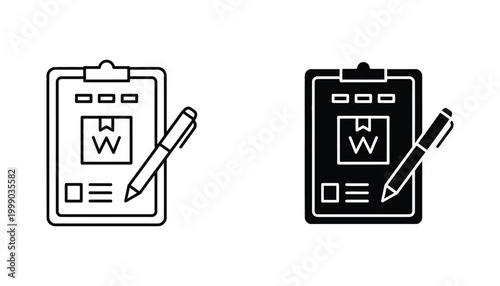 Clipboard logistics inspection icon with shipping box and pen in outline and solid black style for warehouse inventory management and tracking