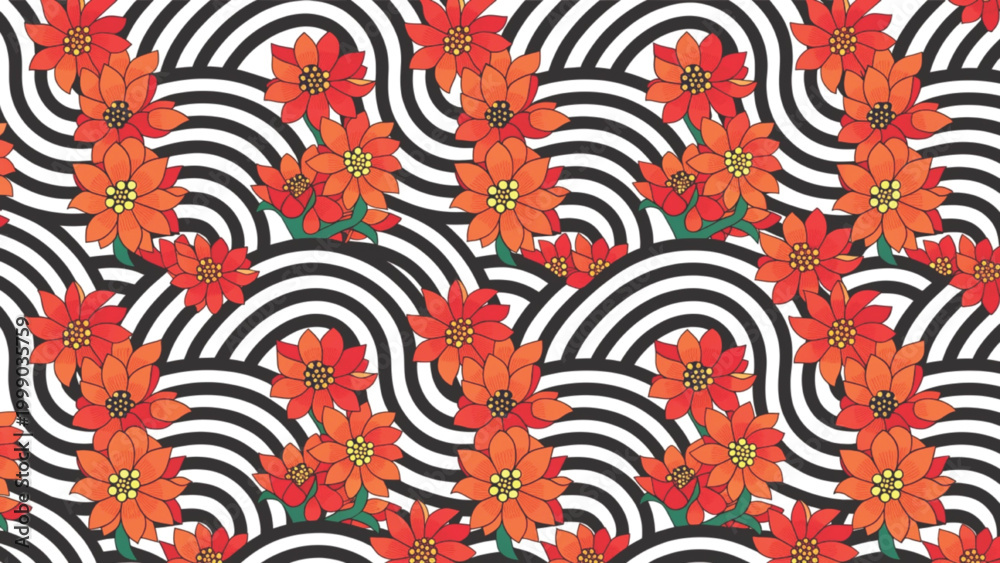Obraz premium Seamless tropical hibiscus flower pattern floral abstract wavy stripes background 