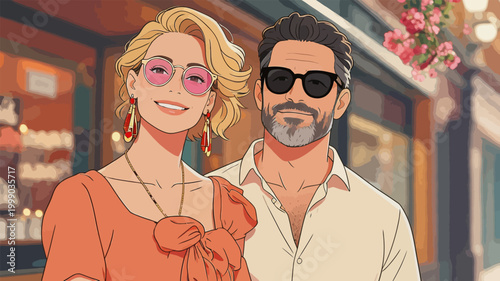 Stylish Couple Posing on Sunny Outdoor Street