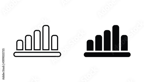 Bar chart growth progress icon set featuring simple line and solid fill design for financial analysis and data visualization business reports