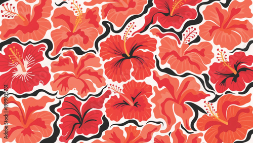 Seamless tropical hibiscus flower pattern  floral abstract wavy stripes background 