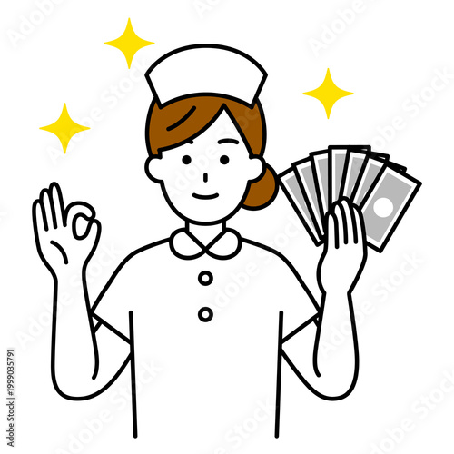 お札を持ってOKサインをする女性看護師