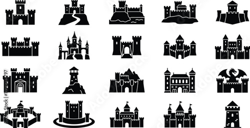 Transparent PNG available
Medieval castle silhouette icons, set of  ancient fortress and palace vector symbols, black royal citadel and kingdom architecture elements
