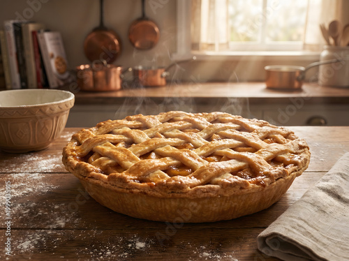 Fresh Apple Pie On Rustic Table Warm Atmosphere