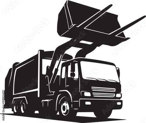 Garbage truck, waste management vehicle, sanitation truck, black silhouette