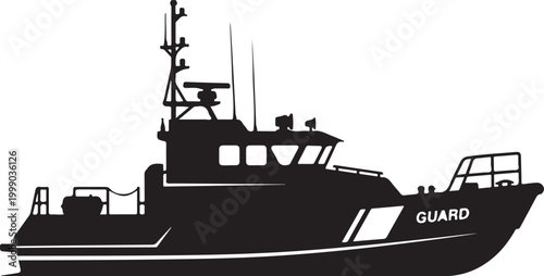 Coast Guard, rescue boat, navy vessel, black silhouette, vector graphics