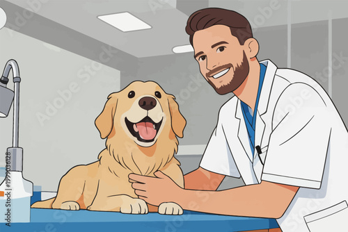 Veterinarian examining a happy golden retriever in clinic
