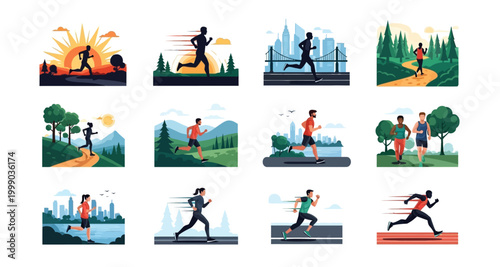 set of running scenes illustrations on transparent background
