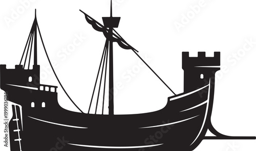 Viking ship, medieval boat, black silhouette, vector illustration, sailing vessel