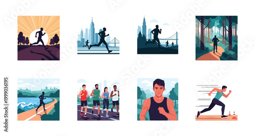 set of running scenes illustrations on transparent background