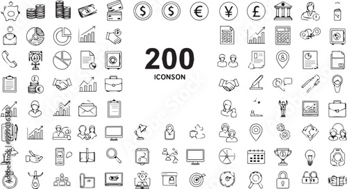 Business and finance line icons set, 200 professional banking and investment vector symbols, minimalist black outline web icons for corporate presentation