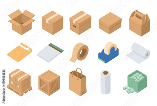 Various cardboard boxes and packaging materials.