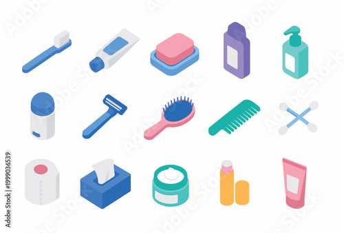 Isometric icons of personal hygiene products and bathroom essentials including toothbrush, soap, shampoo, razor, and lotion.